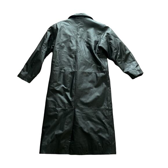 1990s VTG Comint Black 100% Leather Full Length Heavyweight Trench Coat Small - Picture 2 of 7